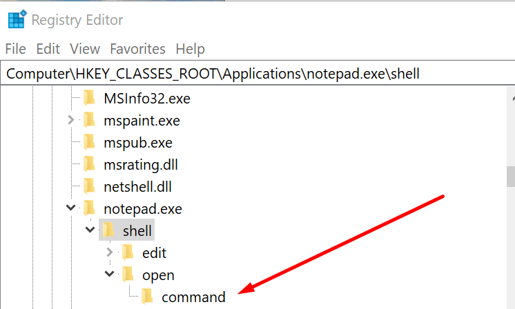 registro di Windows della shell del blocco note exe