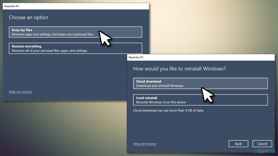 Réinitialiser Windows choisir le téléchargement dans le cloud