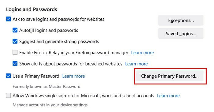 Változtassa meg a Firefox elsődleges jelszavát