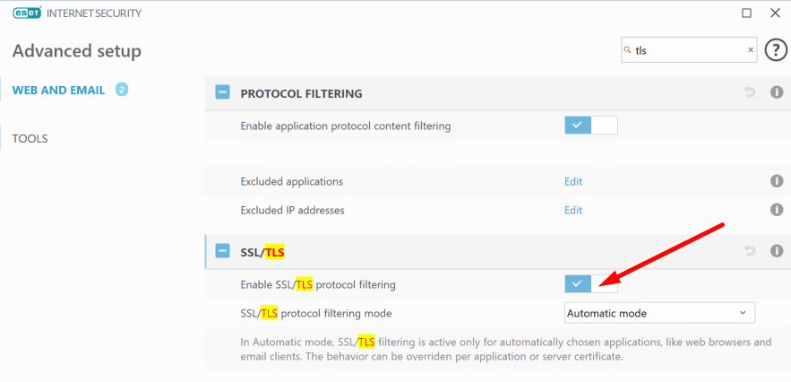 ปิดใช้งานการกรองโปรโตคอล eset ssl tls