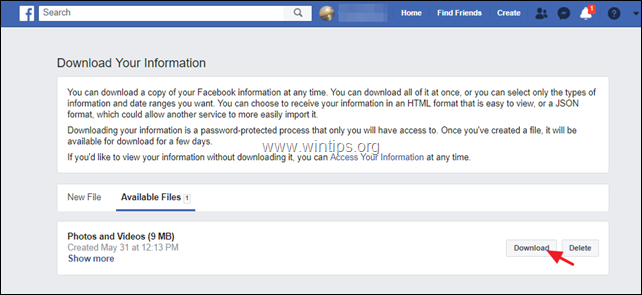 scarica i contenuti di facebook