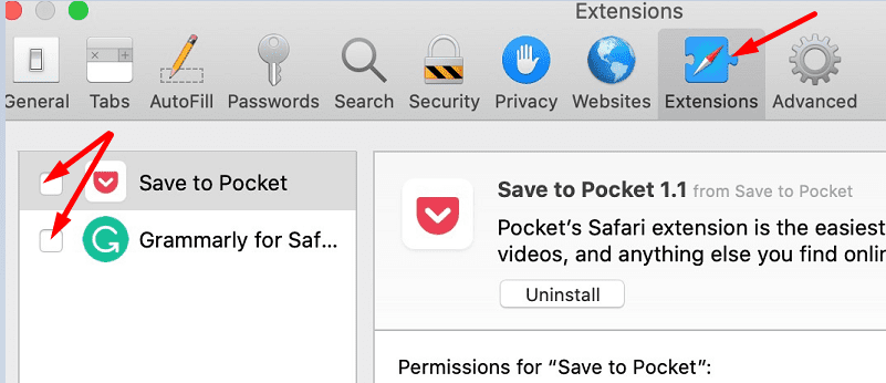 ปิดการใช้งานส่วนขยาย Safari