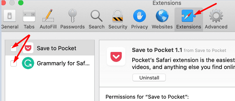 désactiver les extensions safari