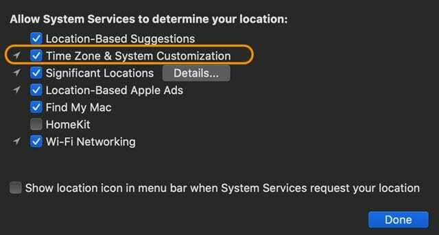 услуги за местоположение на часовата зона на Mac