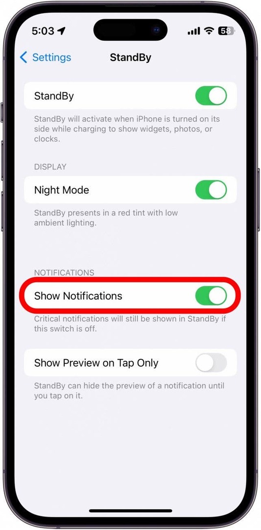 iPhone-Standby-Einstellungen mit rot eingekreistem Schalter zum Anzeigen von Benachrichtigungen