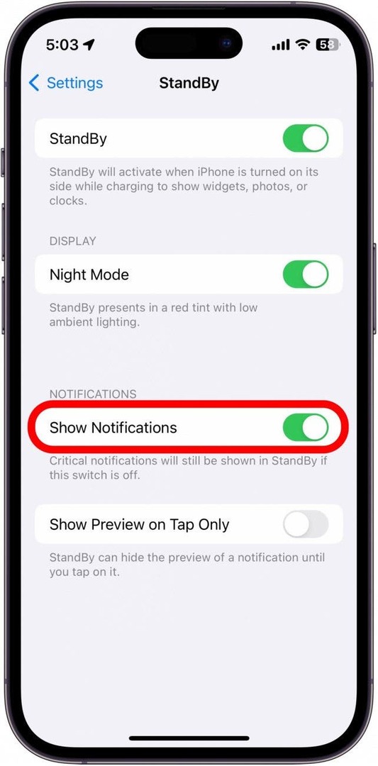 configurações de espera do iphone com alternância de notificações de exibição circuladas em vermelho