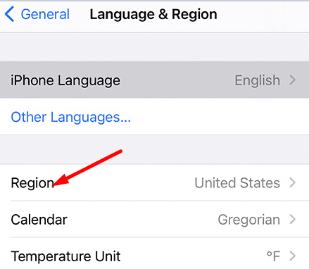 regiono nustatymai - iPhone