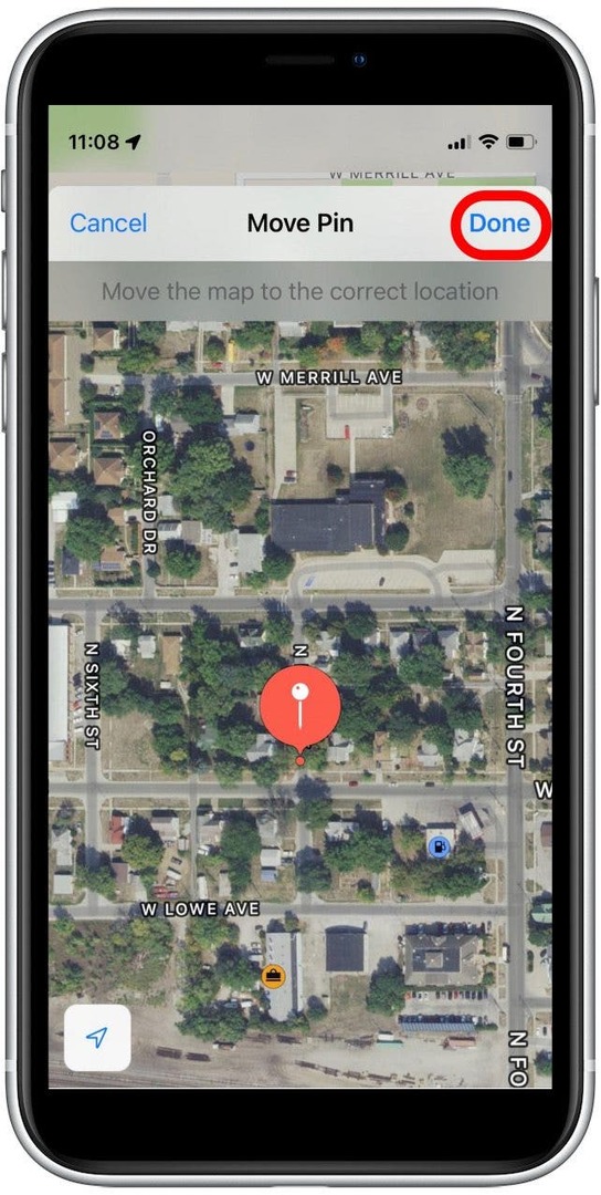 Додирните Готово да бисте сачували локацију чиоде. Овако можете да закачите жељену локацију. 