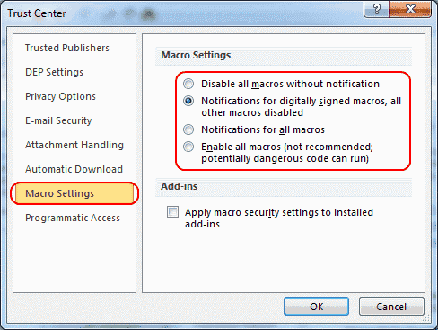 Paramètres des macros Outlook 2010