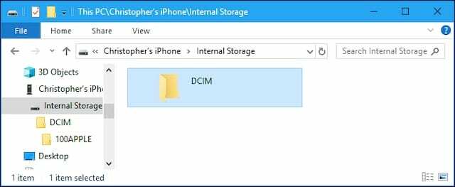 파일 탐색기의 빈 iPhone DCIM 폴더
