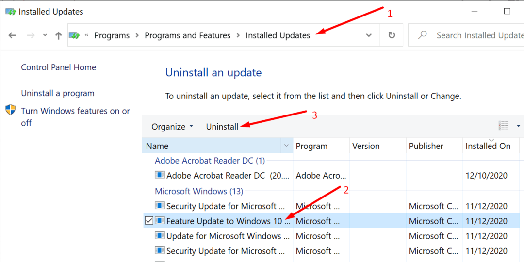 dezinstalează windows 10 update control panel