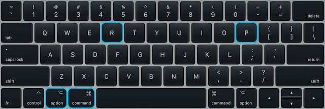 Klávesy Command, Option, P a R na klávesnici MacBooku.