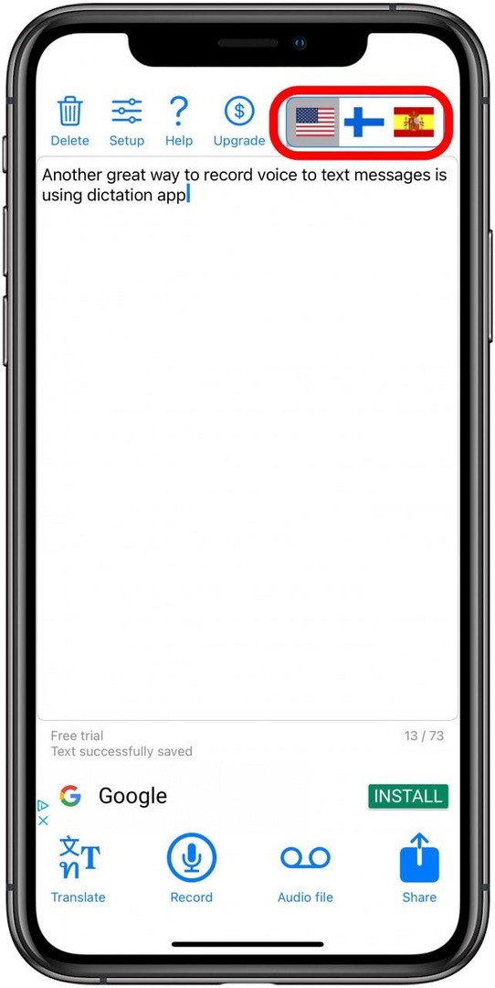 Dikteringsappen låter dig spela in röst till text på flera språk.