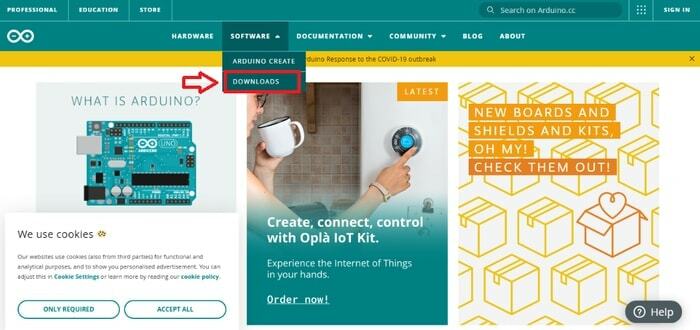 Pilih Unduhan di Menu Perangkat Lunak dari Situs Web Resmi Arduino