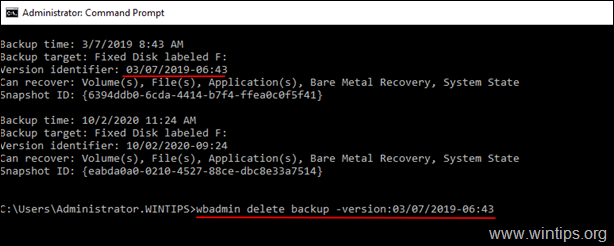 wbadmin șterge backup -versiune: Versiune-Identifier