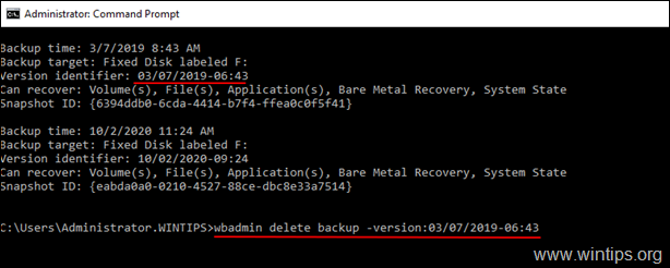 wbadmin slet backup -version: Version-Identifier