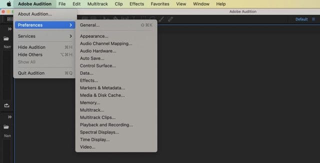 Snímek obrazovky zobrazující předvolby Adobe Audition na Macu