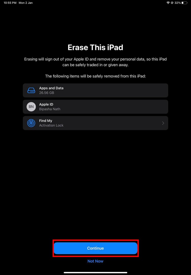 Confirmați ștergerea întregului conținut de pe iPad
