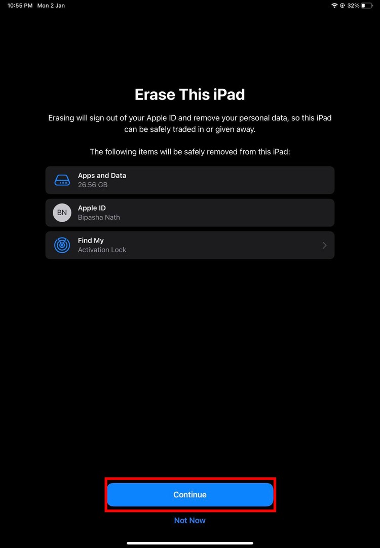 Confirme borrar todo el contenido en iPad