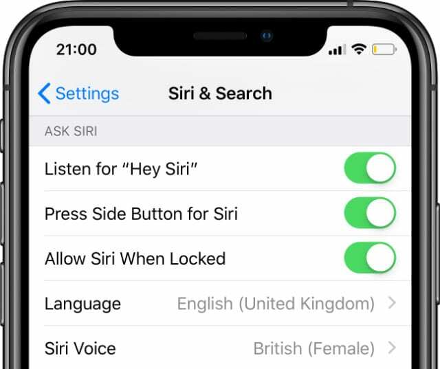 إعدادات Siri على iPhone XS