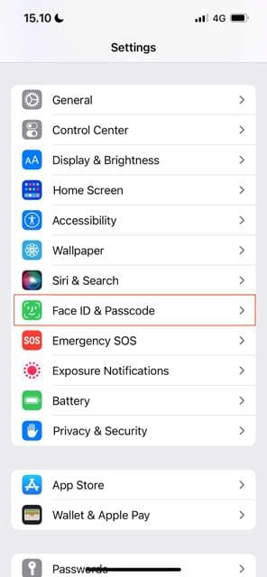 iOS의 Face ID 및 암호에 대한 설정 앱을 보여 주는 스크린샷