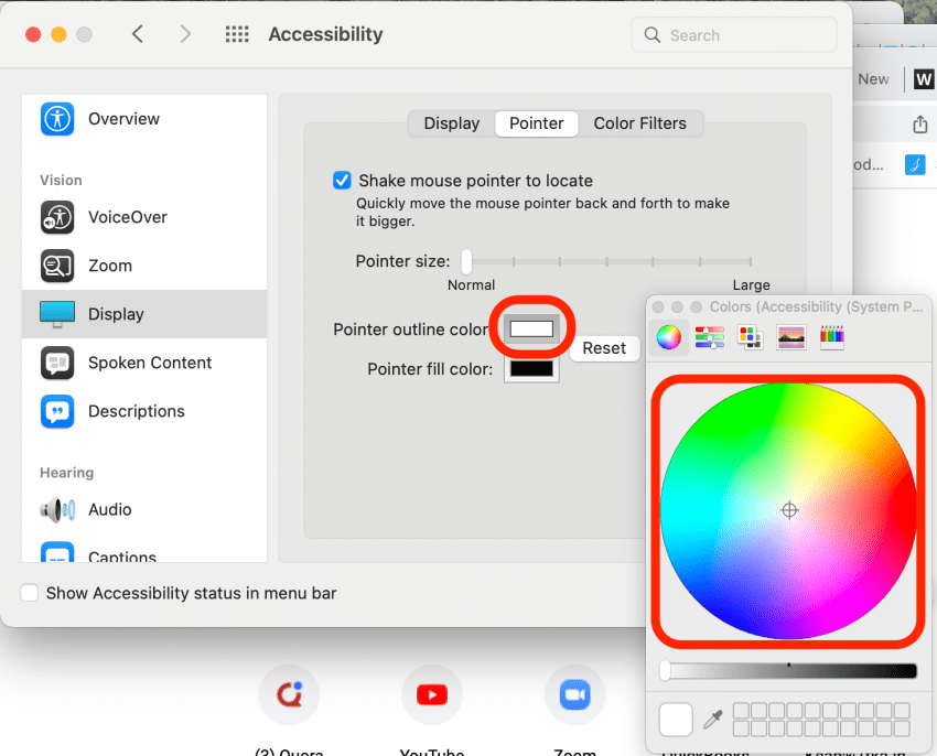 Omtrekkleur aanwijzer: Klik op de kleurrechthoek en kies vervolgens de kleur van de omtreklijn van uw cursor met behulp van het kleurenwiel.