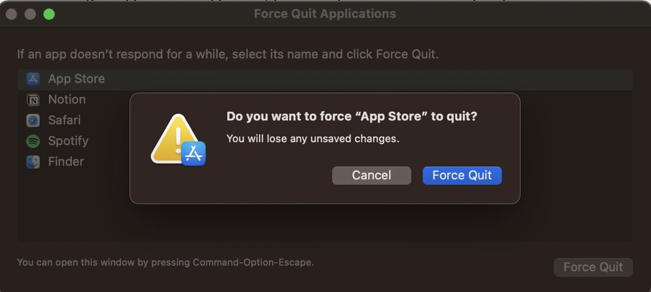 Captura de pantalla Confirmar aplicación Mac Forzar salida