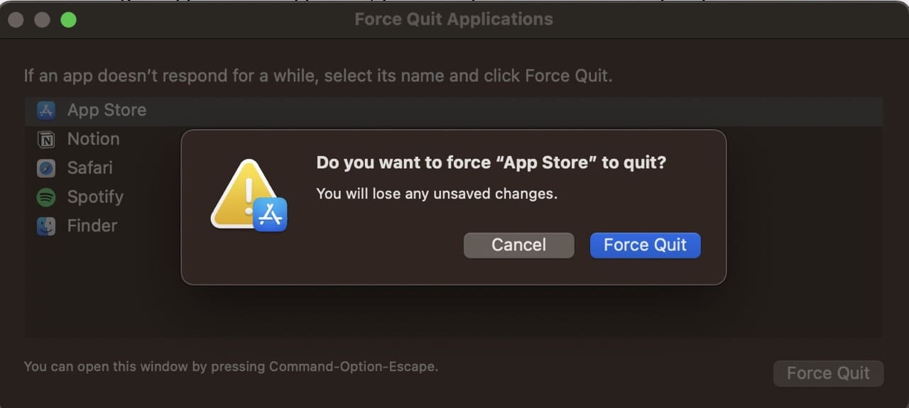 Apstipriniet Mac App Force Quit ekrānuzņēmumu