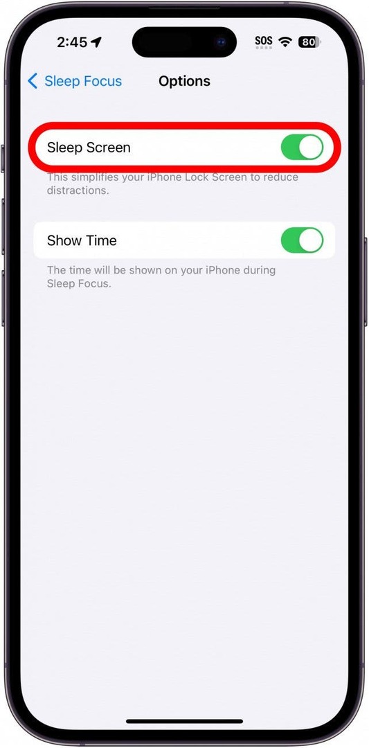 iPhone-Bildschirmoptionen mit rot eingekreister Umschaltung des Schlafbildschirms