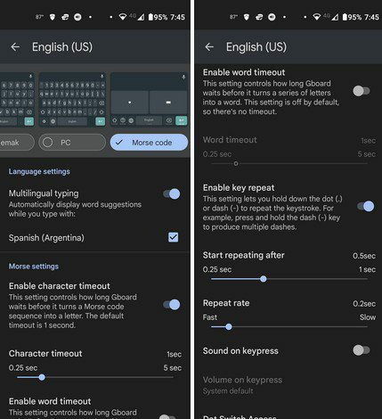 Options de clavier en code Morse