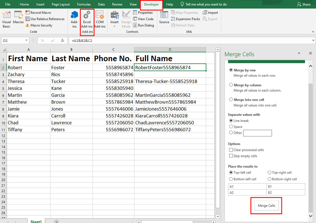 Uporabniški vmesnik dodatkov Excel Merge Cells