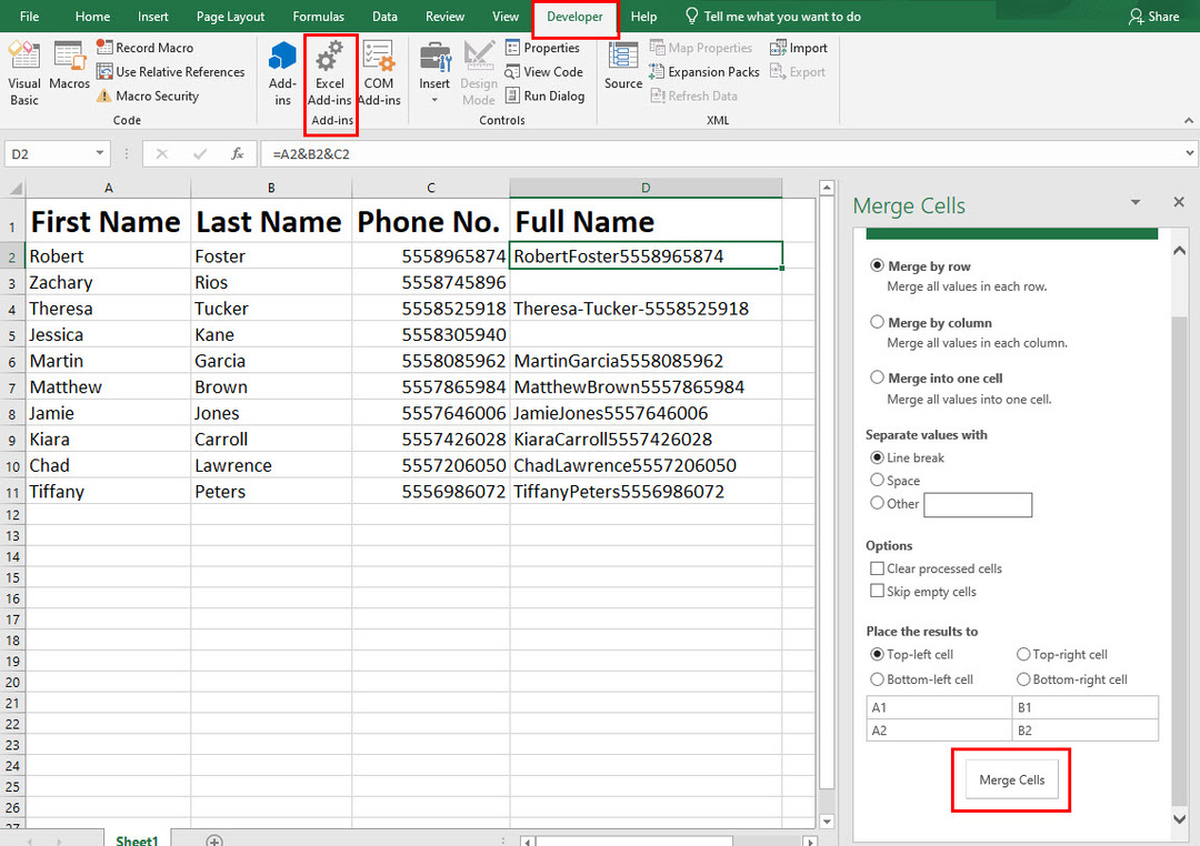 La interfaz de usuario de los complementos de Excel de Merge Cells