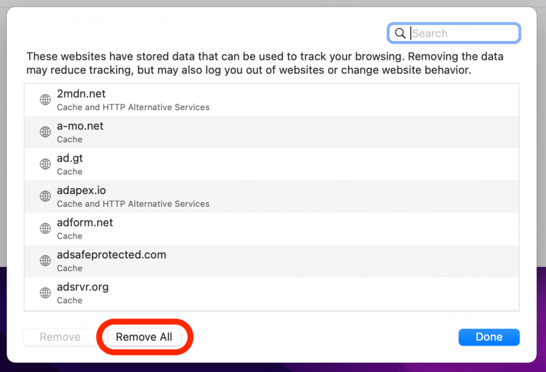 fare clic su rimuovi tutto per eliminare la cache del browser Web Safari