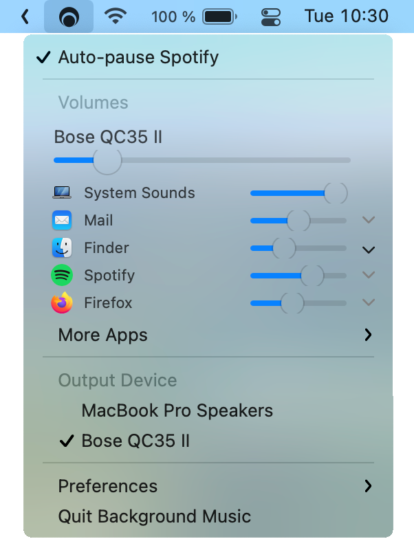 Ohjaa yksittäisen sovelluksen äänenvoimakkuutta Macissa - Taustamusiikki