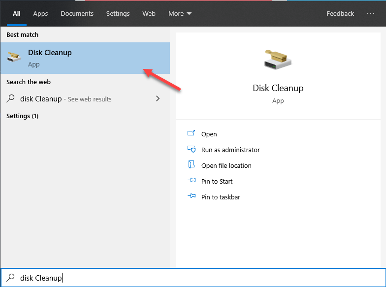 Πληκτρολογήστε Disk Cleanup στη γραμμή αναζήτησης των Windows 