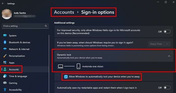 Opzione Blocco dinamico Impostazioni di Windows 11