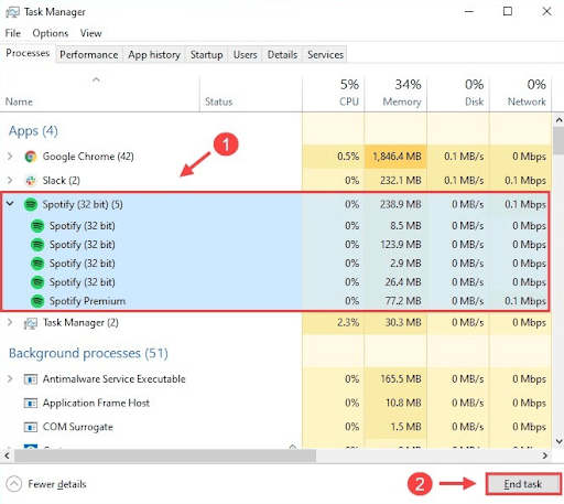 Luk Spotify ned i Task Manager