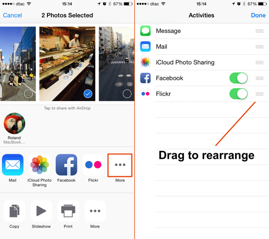 iOS 8 egyéni megosztási lapok szerkesztése