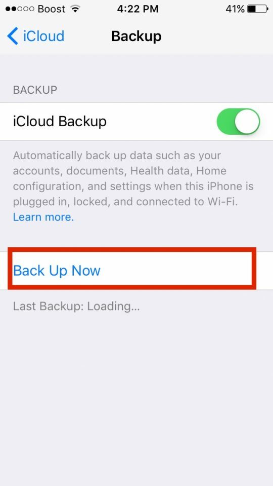 iCloud Backup Now iOS 10 Install