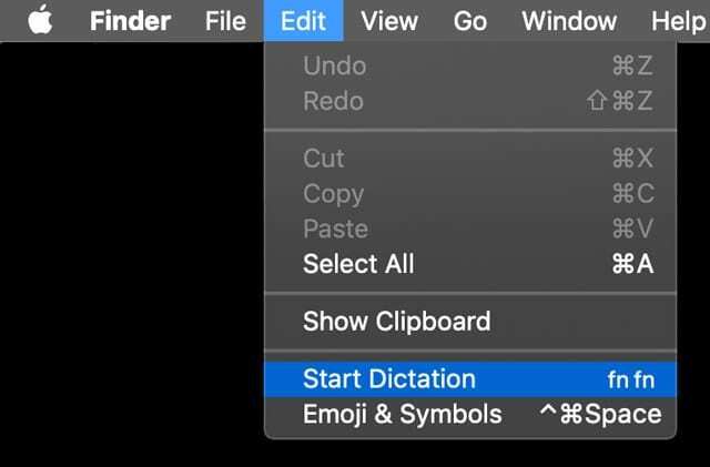 démarrer la dictée dans le menu du Finder de Mac