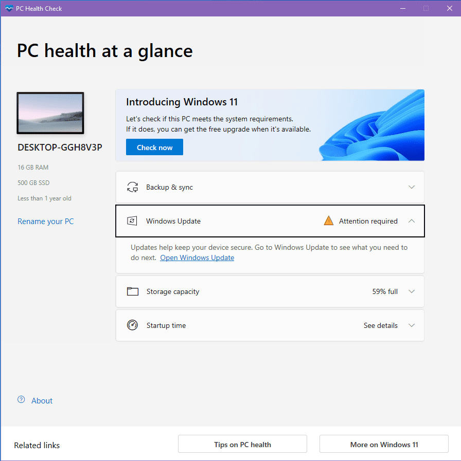 Pokyny na riešenie varovania, ktoré ponúka aplikácia PC Health Check