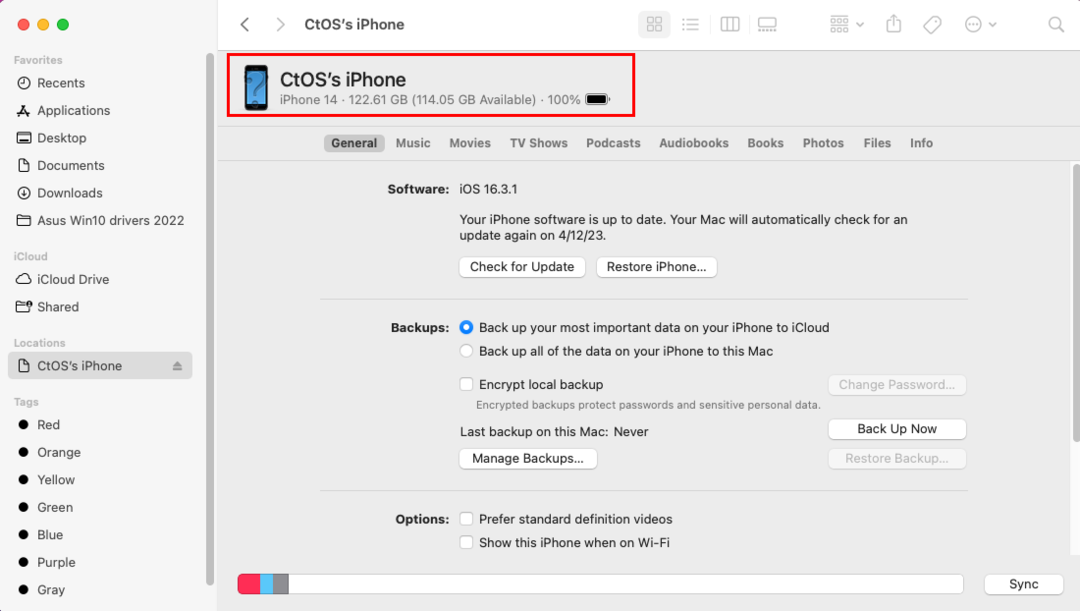 Синхронізована програма iPhone на Mac Finder