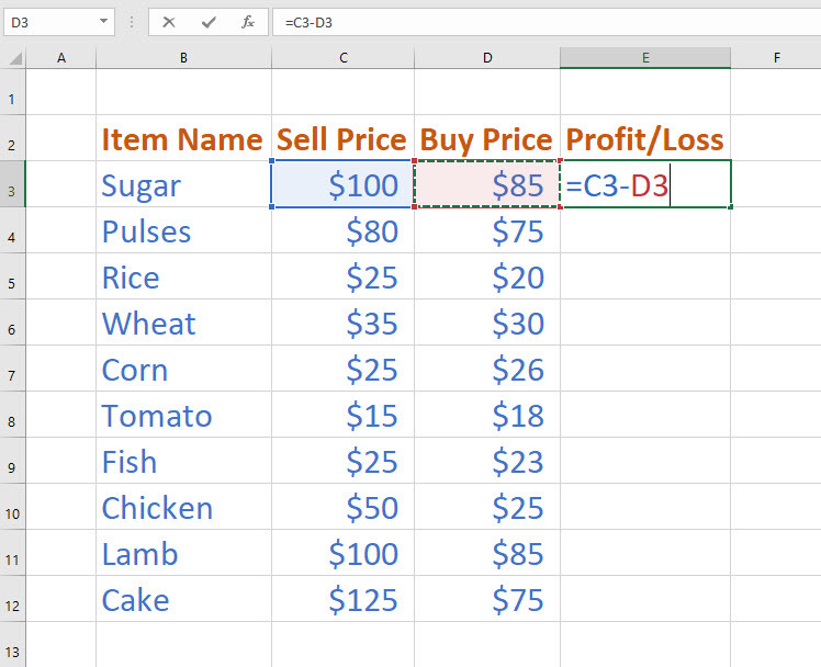 Abziehen einer Spalte von einer anderen mithilfe der Subtraktionsformel in Excel