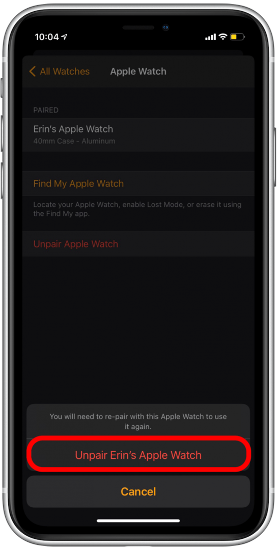 Erősítse meg az Apple Watch párosításának megszüntetését