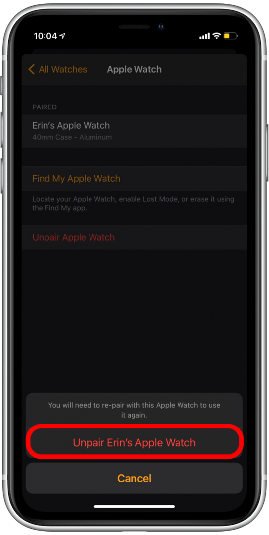 Bekræft Fjern parring af Apple Watch