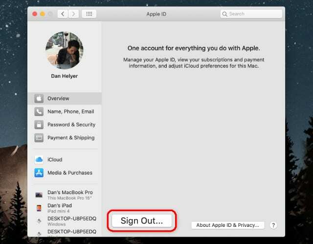 Mac의 Apple ID 시스템 환경설정에서 로그아웃 옵션