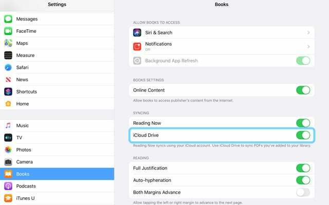 iOS-i ja iPadOS-i Apple Booksi iCloud Drive'i seadete lüliti