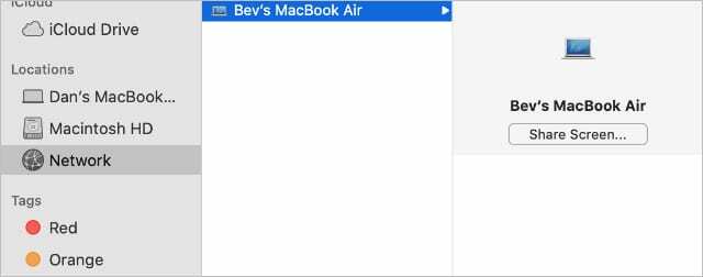 Alternativet Dela skärm i Finders nätverksdatorer