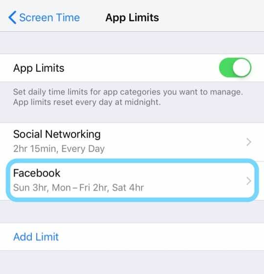 Pojedinačna aplikacija iOS Screen Time u postavkama ograničenja aplikacije