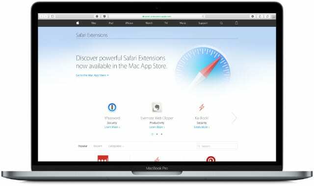 MacBook Pro a Safari bővítmények weboldalán.